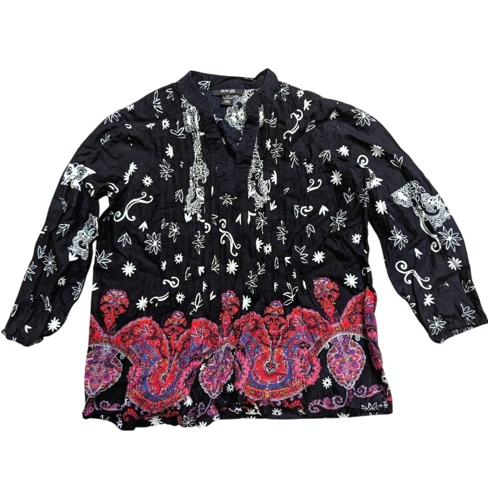 Style & Co Petite Small Black Print Peasant Top Shirt Boho Hippie